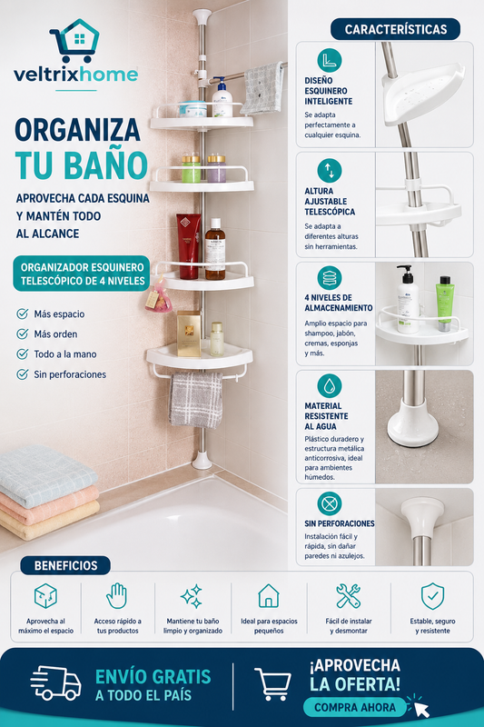 Organizador esquinero telescópico para baño de 4 niveles