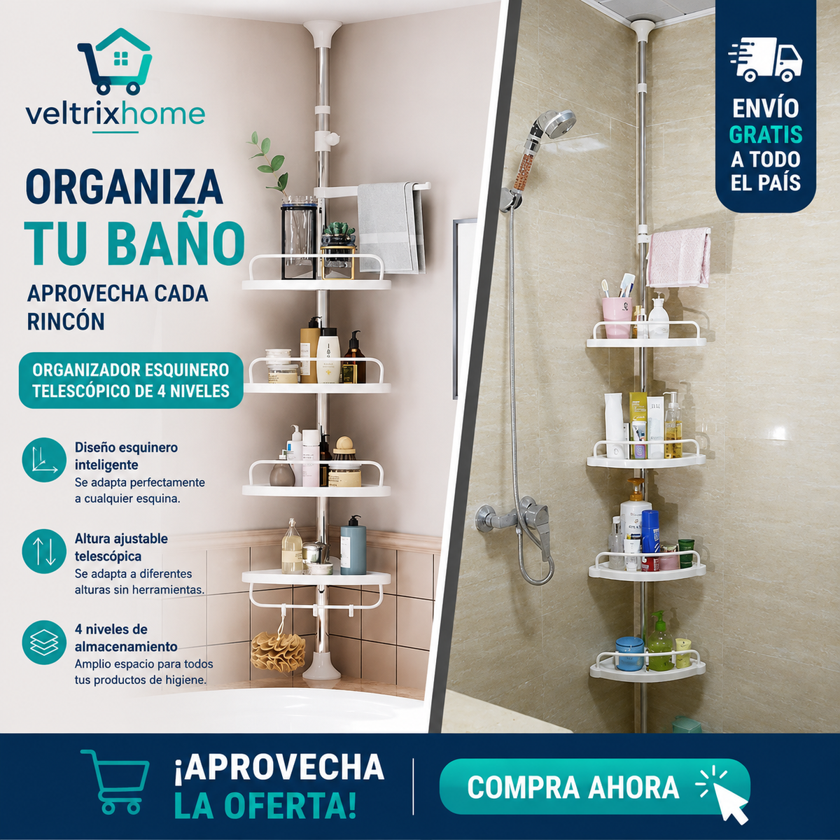 Organizador esquinero telescópico para baño de 4 niveles