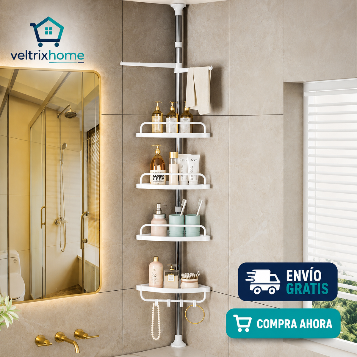 Organizador esquinero telescópico para baño de 4 niveles